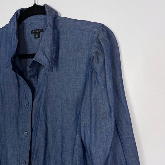 Ann Taylor Medium Blue Lightweight Chambray Puff Long Sleeve Button Down Blouse - Picture 3 of 10